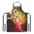 Illustration of a whimsical, watercolor fox surrounded by pink and magenta flowers, pine trees, and a floral border on a kitchen apron.
