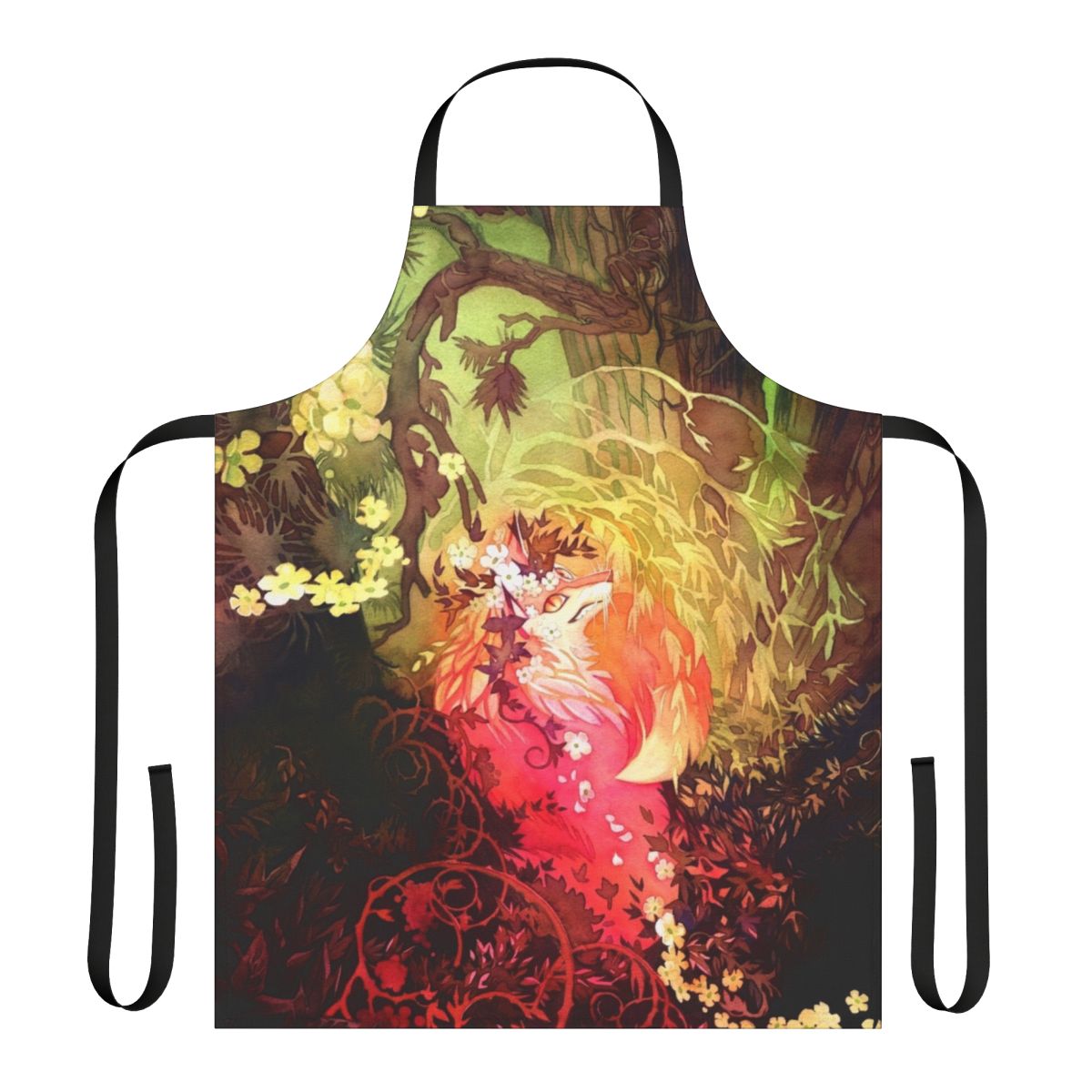 Illustration of a whimsical, watercolor fox surrounded by pink and magenta flowers, pine trees, and a floral border on a kitchen apron.