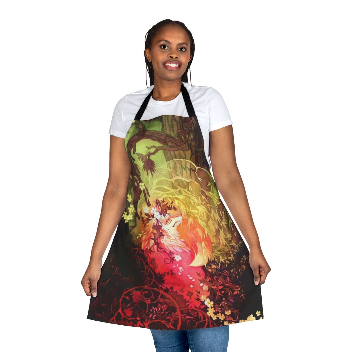 Illustration of a whimsical, watercolor fox surrounded by pink and magenta flowers, pine trees, and a floral border on a kitchen apron.