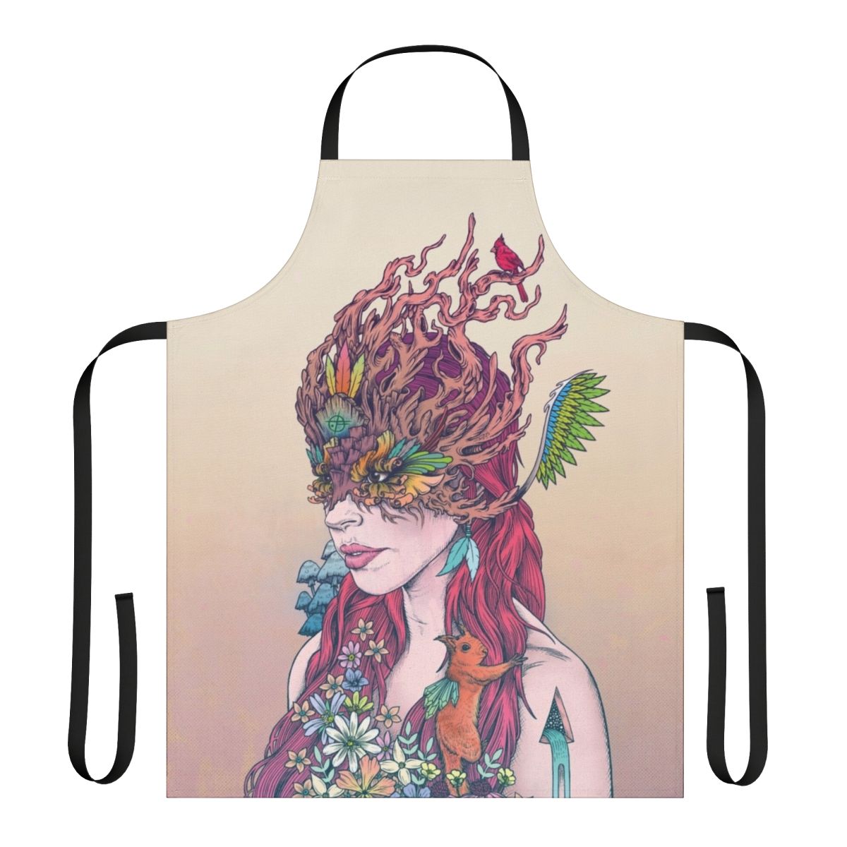 Colorful apron featuring a whimsical, fantasy-inspired nature scene with flowers, animals, and a vibrant color palette