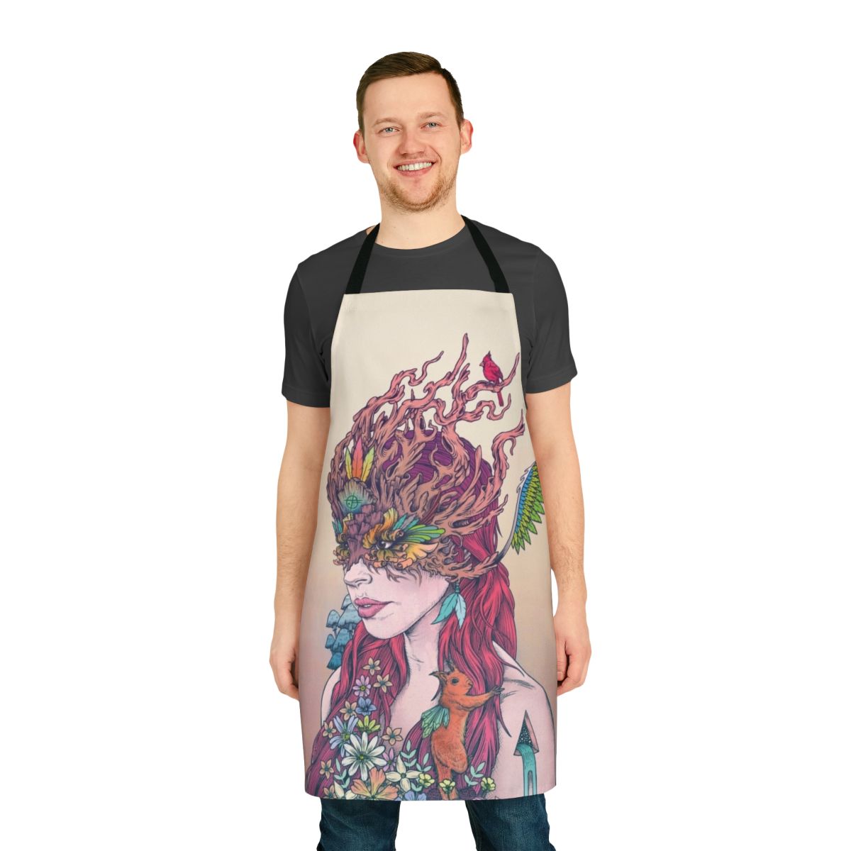 Colorful apron featuring a whimsical, fantasy-inspired nature scene with flowers, animals, and a vibrant color palette