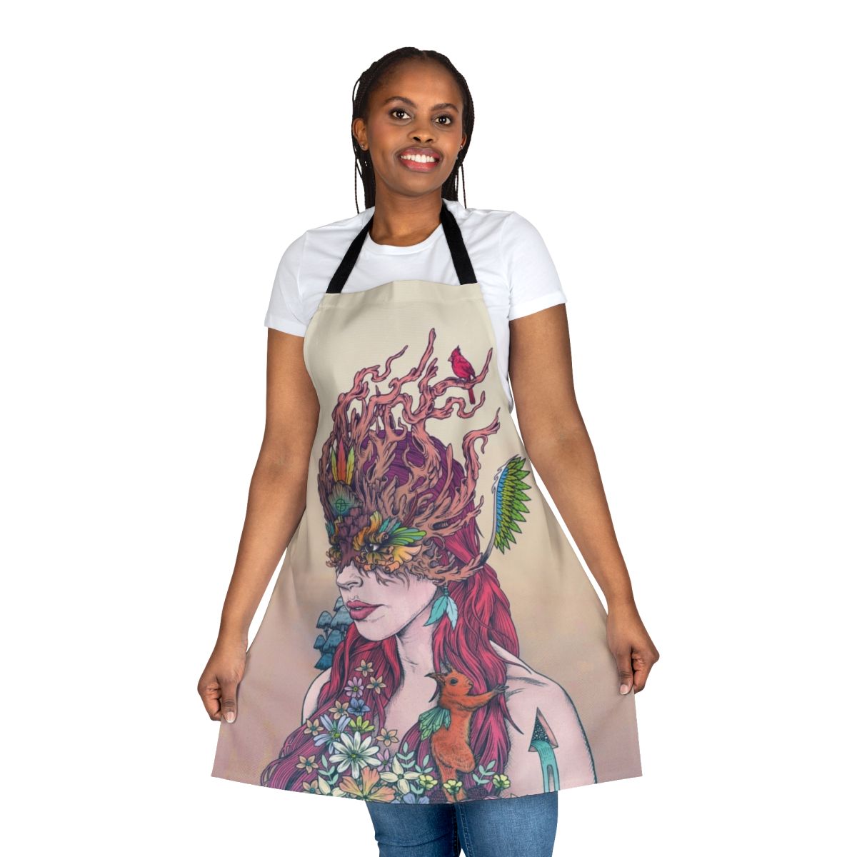Colorful apron featuring a whimsical, fantasy-inspired nature scene with flowers, animals, and a vibrant color palette