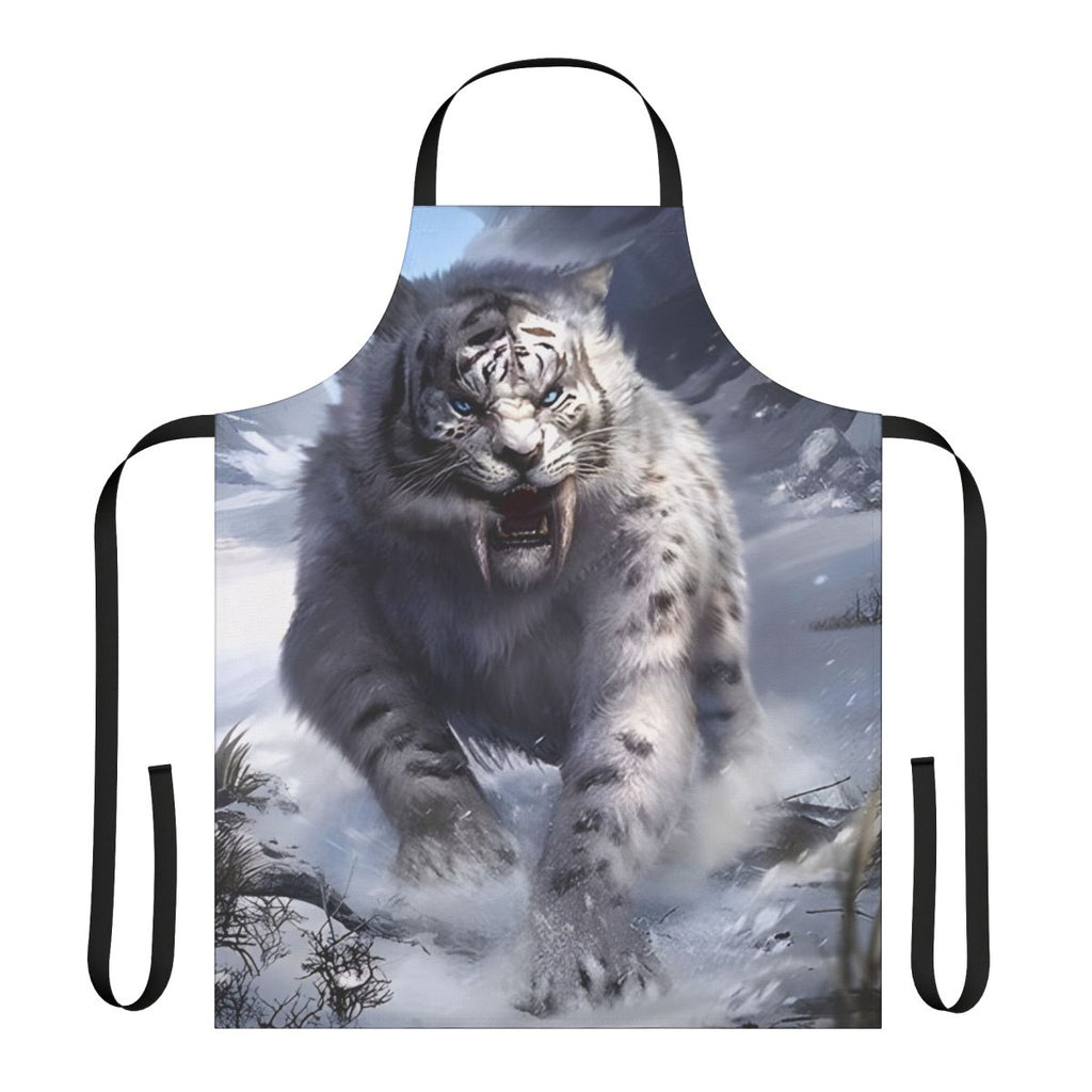 A white sabertooth tiger design featured on a high-quality kitchen apron.