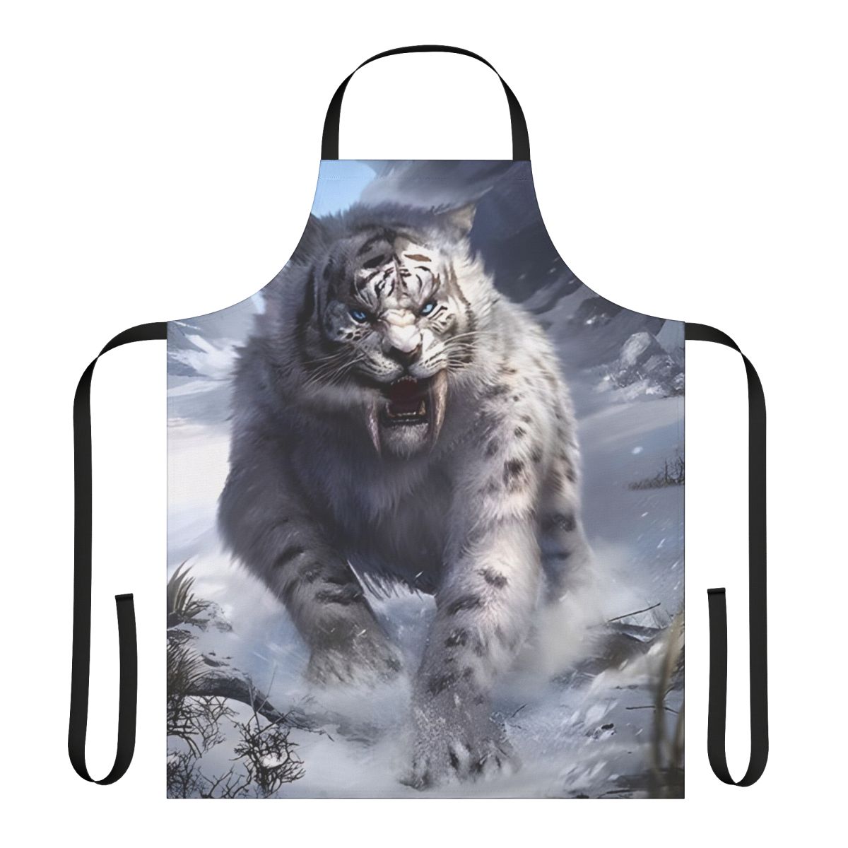 A white sabertooth tiger design featured on a high-quality kitchen apron.