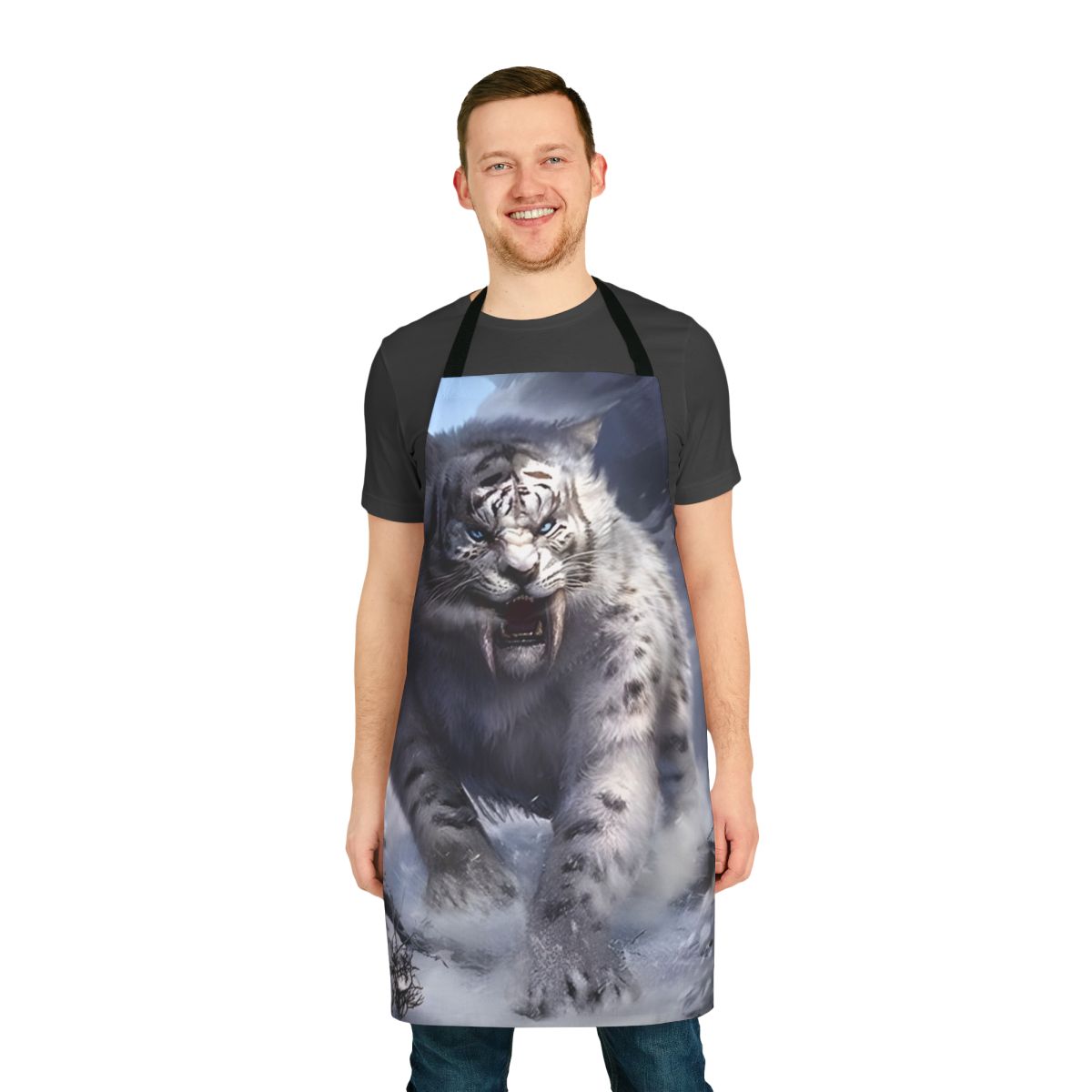 A white sabertooth tiger design featured on a high-quality kitchen apron.