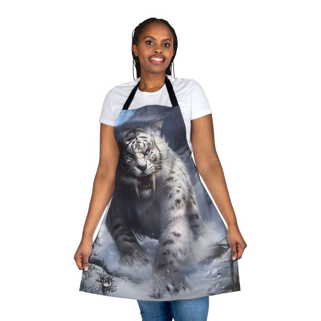 A white sabertooth tiger design featured on a high-quality kitchen apron.