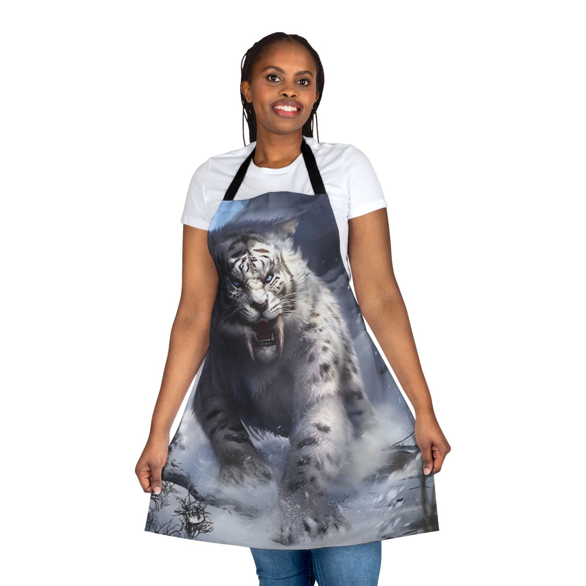 A white sabertooth tiger design featured on a high-quality kitchen apron.