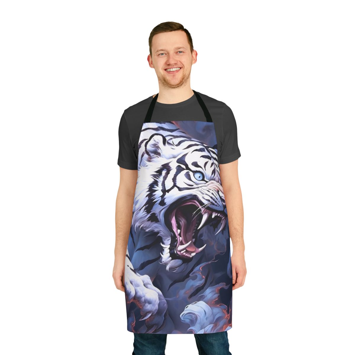 Stunning white tiger design on a high-quality cooking apron