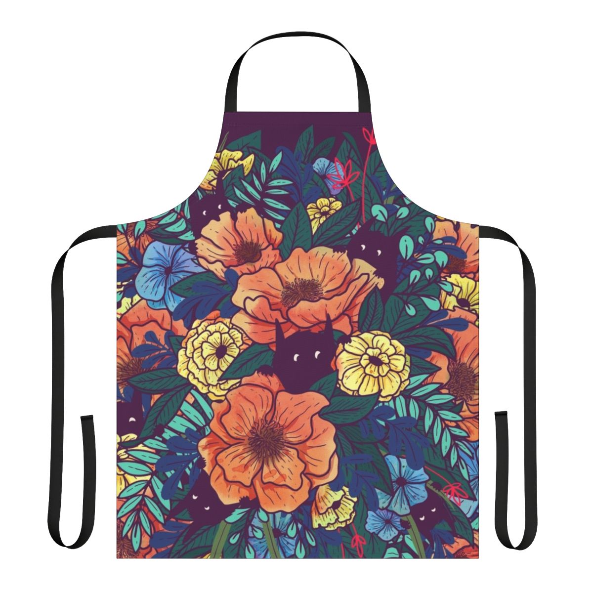 Vibrant watercolor wild flowers and foliage printed on a high-quality apron