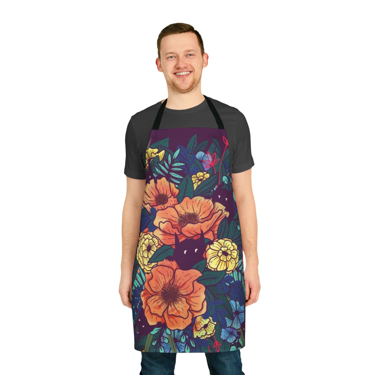 Vibrant watercolor wild flowers and foliage printed on a high-quality apron
