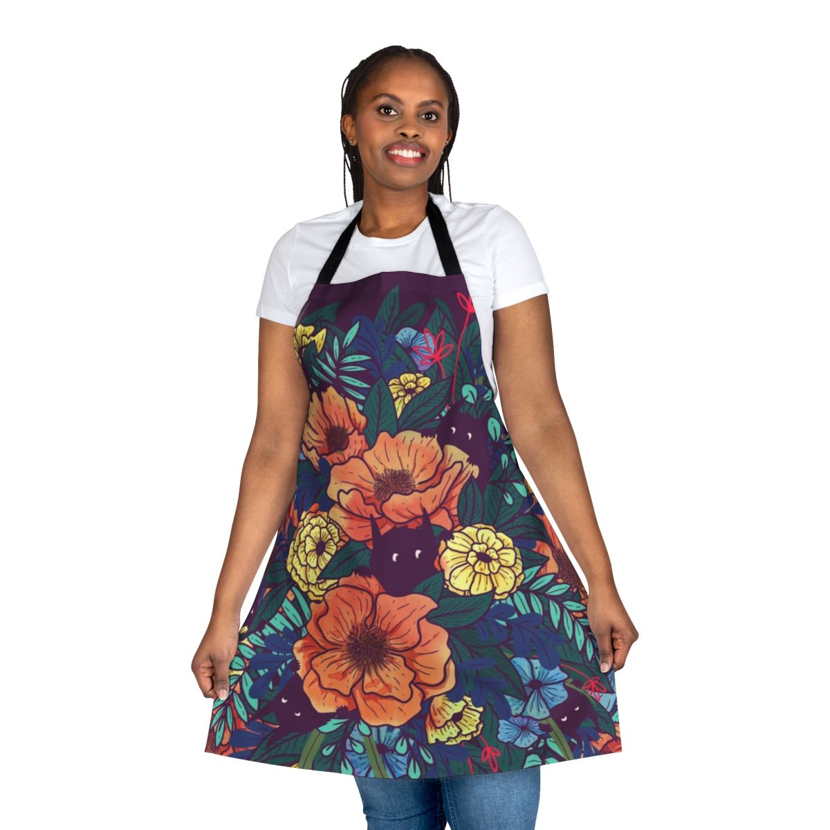 Vibrant watercolor wild flowers and foliage printed on a high-quality apron
