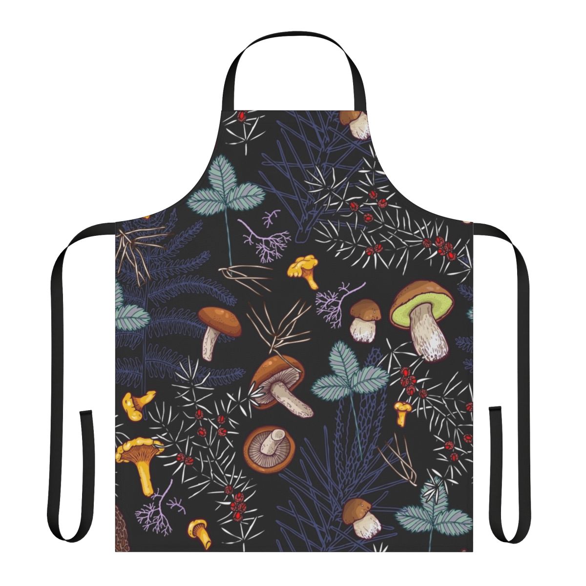 Dark forest mushroom pattern design on a black kitchen apron