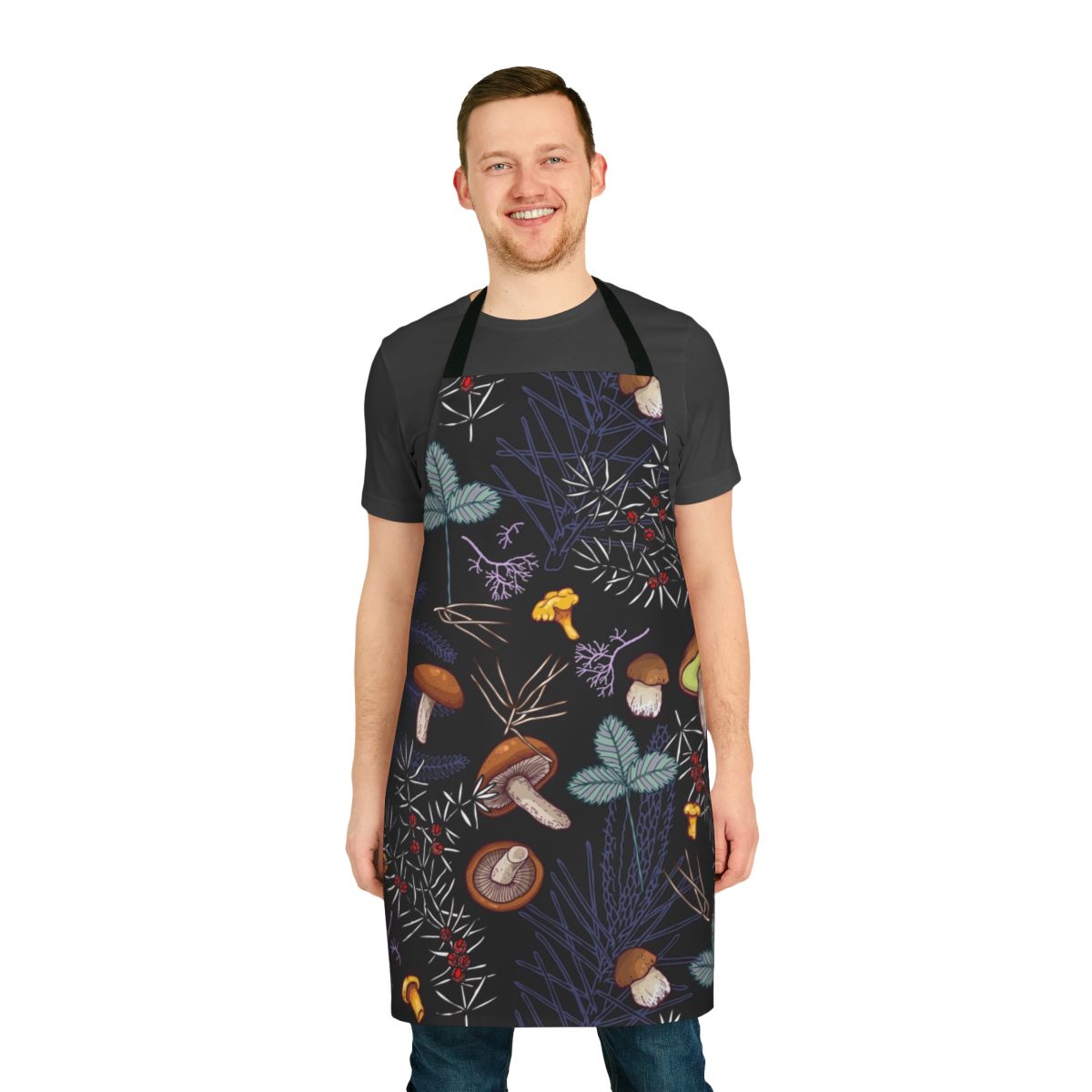 Dark forest mushroom pattern design on a black kitchen apron
