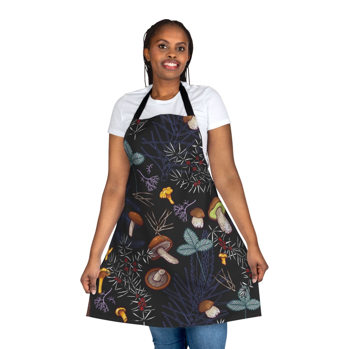 Dark forest mushroom pattern design on a black kitchen apron