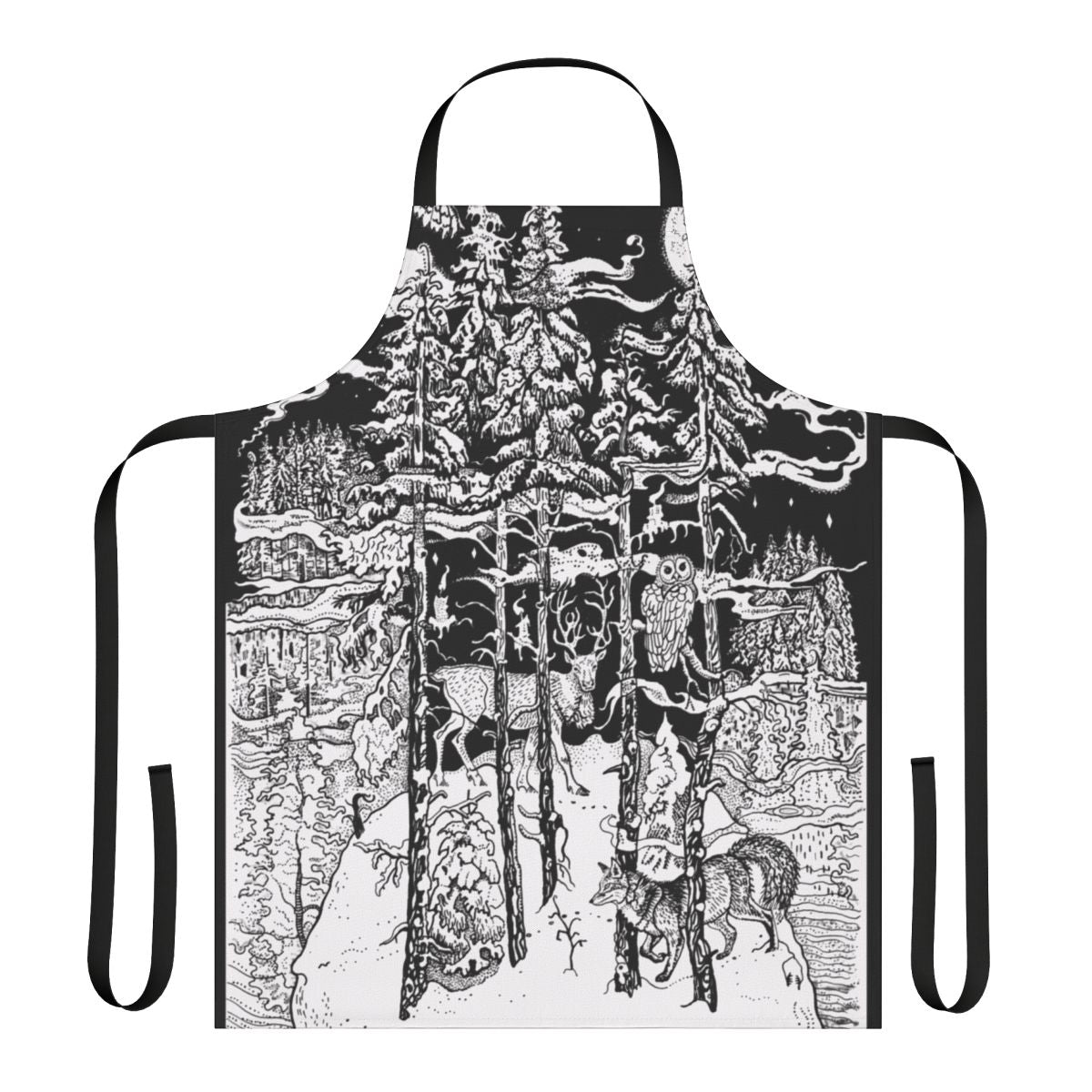 Apron featuring a whimsical winter forest scene with deer, fox, and other woodland creatures