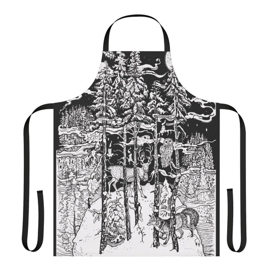 Apron featuring a whimsical winter forest scene with deer, fox, and other woodland creatures