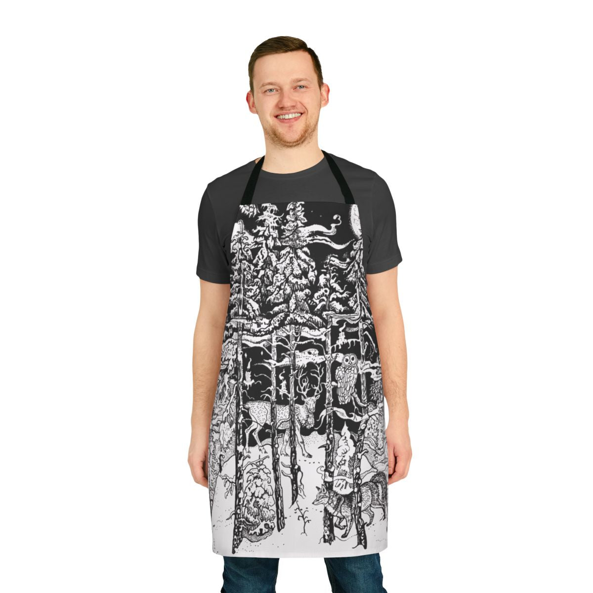 Apron featuring a whimsical winter forest scene with deer, fox, and other woodland creatures