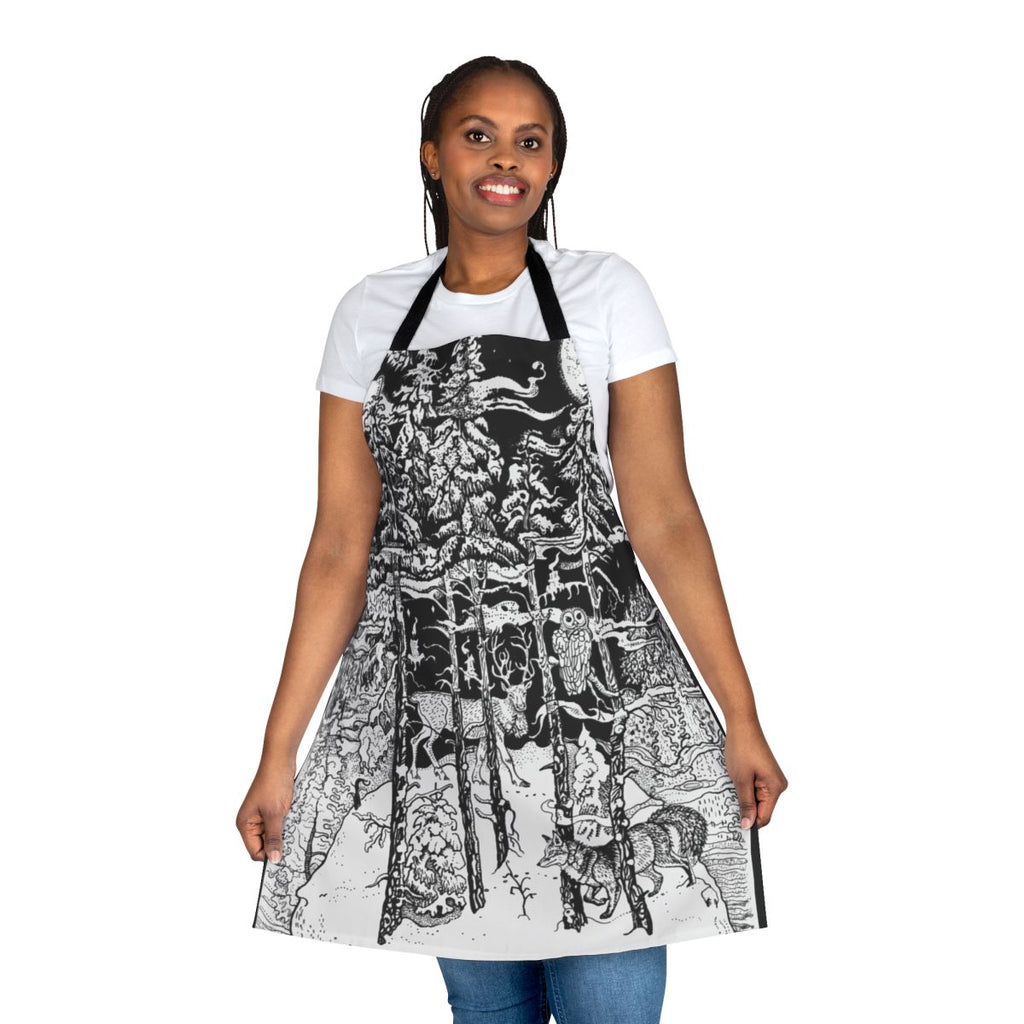 Apron featuring a whimsical winter forest scene with deer, fox, and other woodland creatures