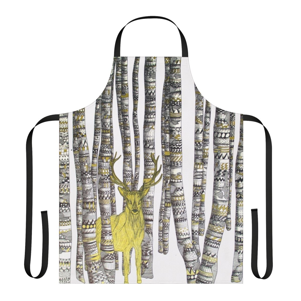 Elegant black and white apron with gold detailing and a majestic stag in a winter forest design