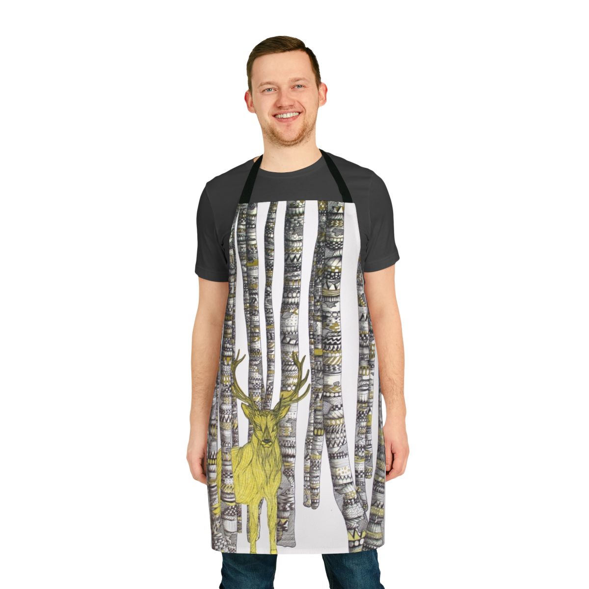 Elegant black and white apron with gold detailing and a majestic stag in a winter forest design