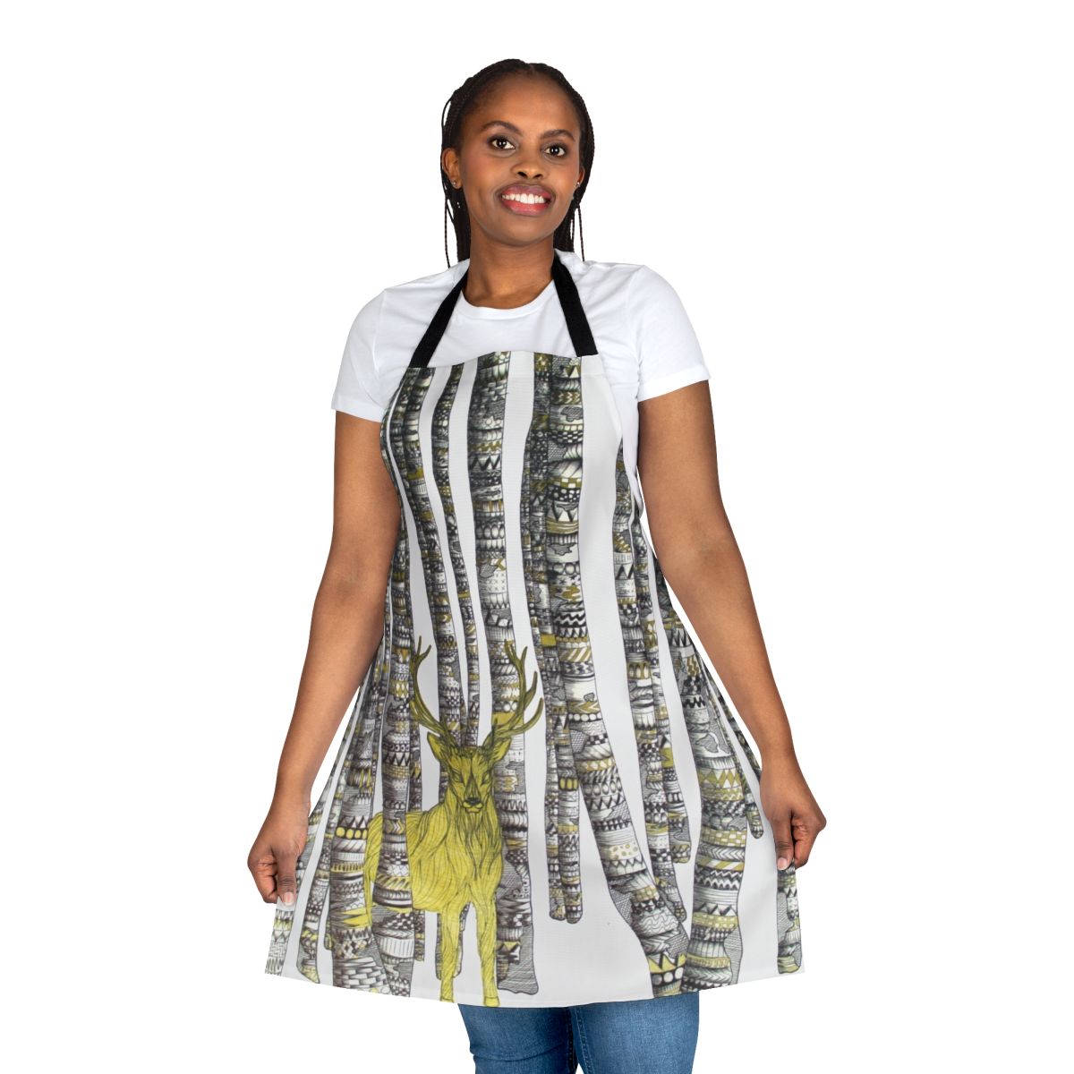 Elegant black and white apron with gold detailing and a majestic stag in a winter forest design