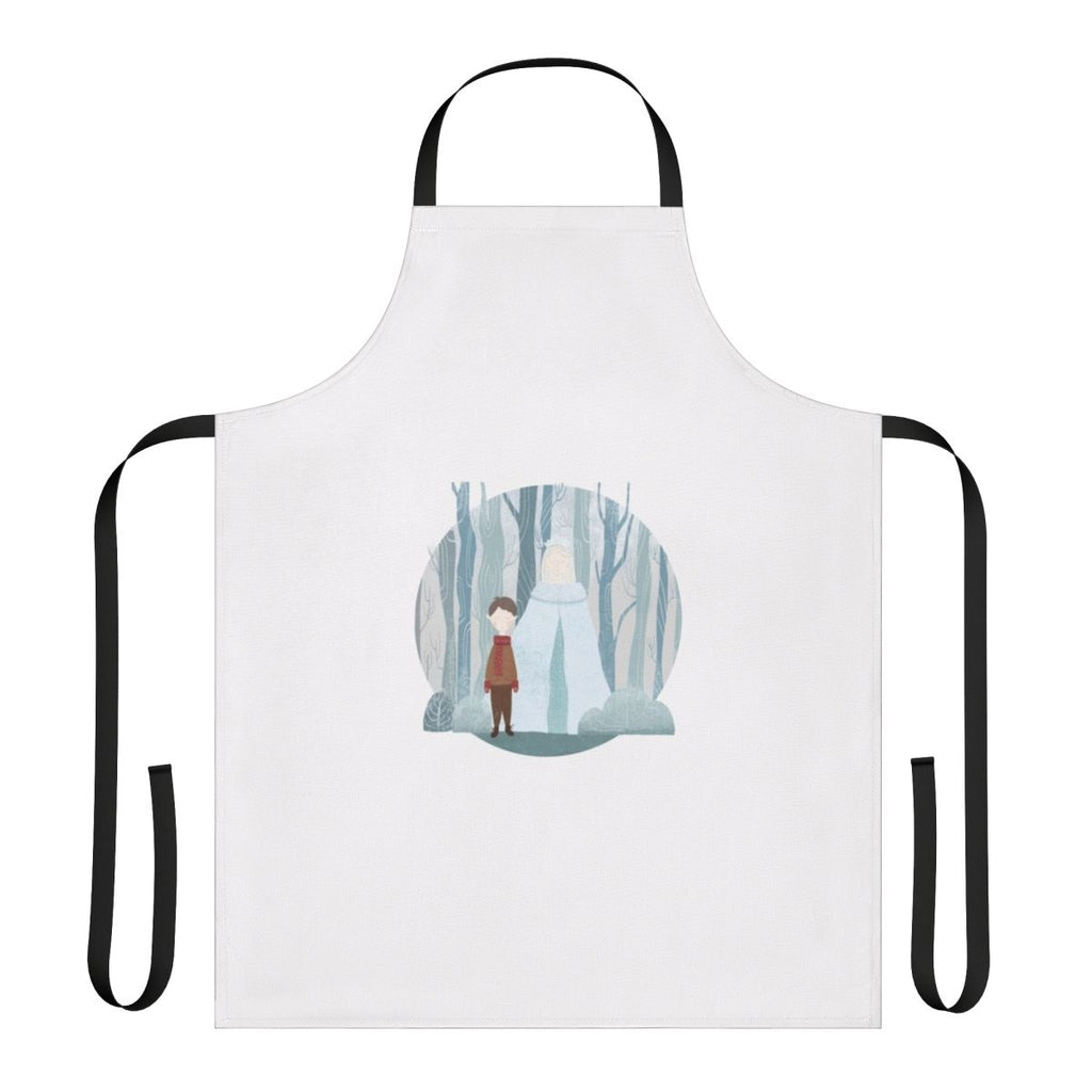 Illustration of a snow queen-inspired apron with a forest and winter scene