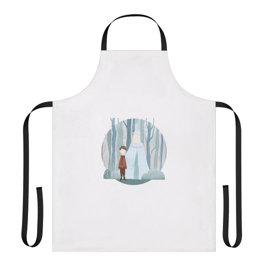 Illustration of a snow queen-inspired apron with a forest and winter scene