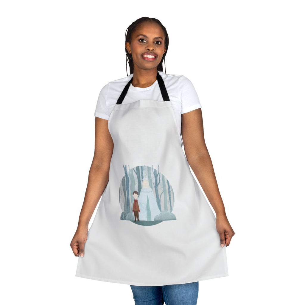 Illustration of a snow queen-inspired apron with a forest and winter scene
