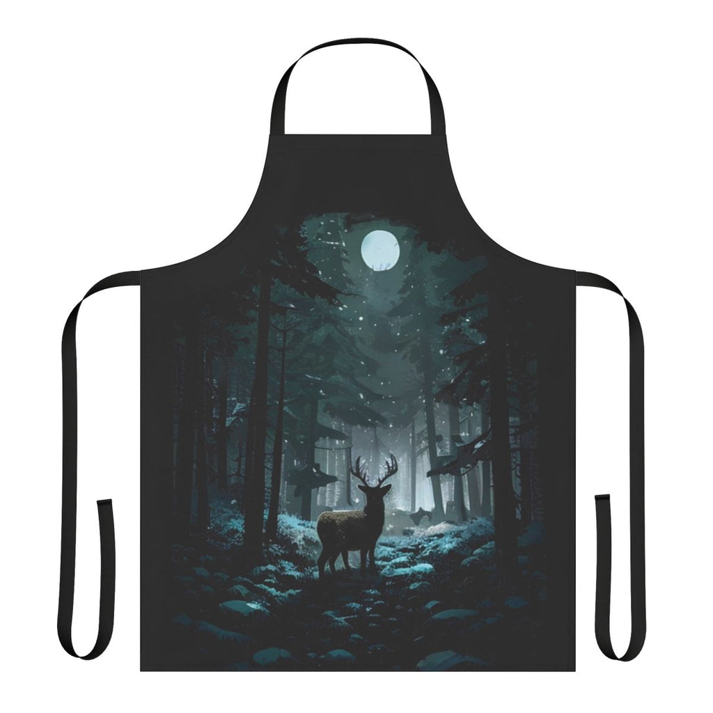 Apron featuring a winter forest scene with a deer silhouette under a moonlit sky