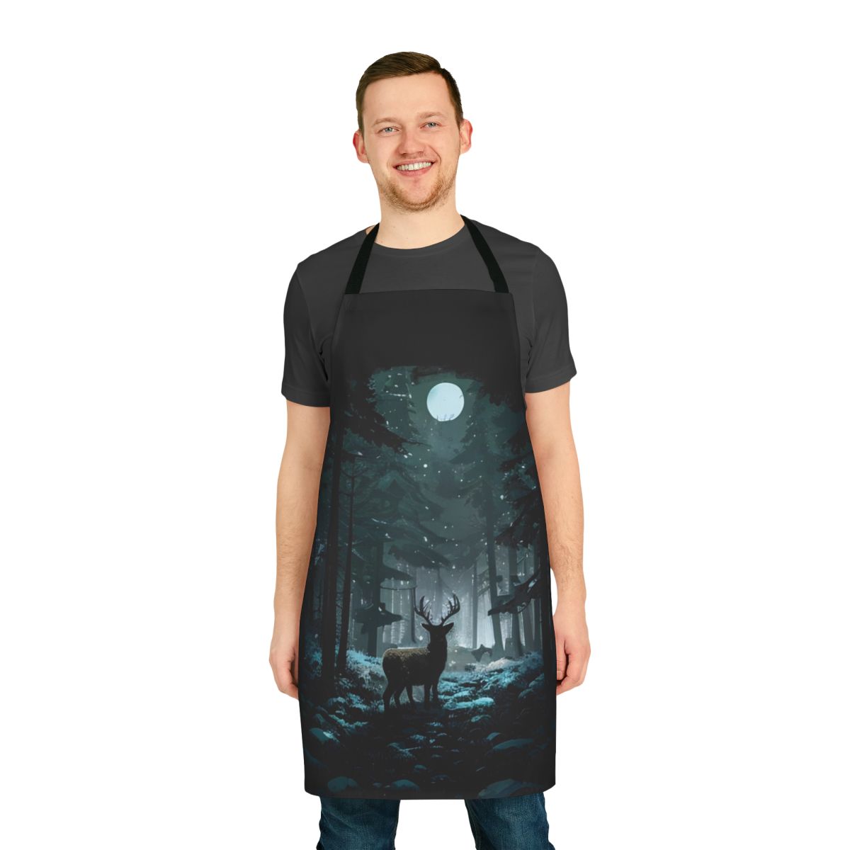 Apron featuring a winter forest scene with a deer silhouette under a moonlit sky
