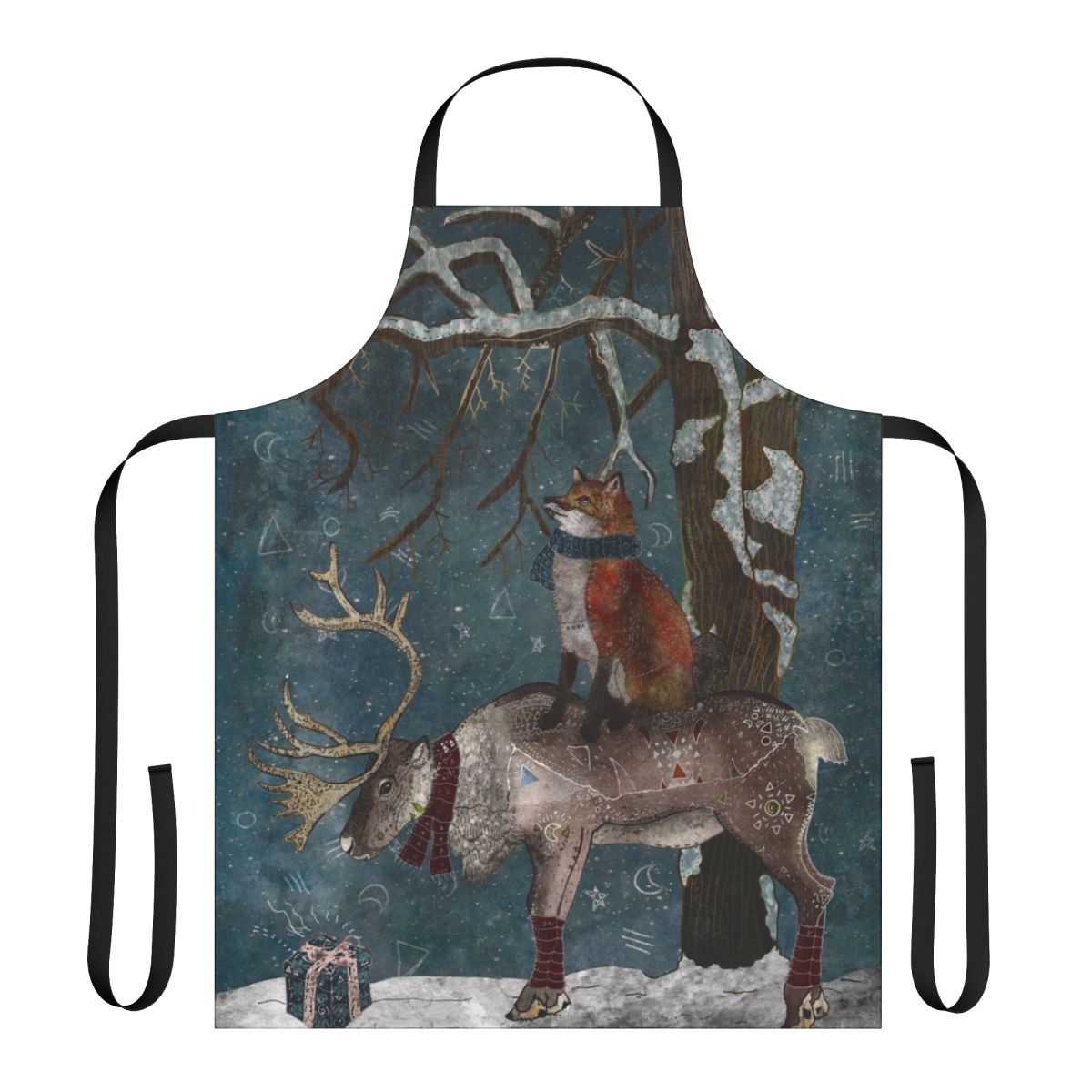 A beautifully illustrated apron featuring a winter woodland scene with a snowy forest, foxes, and reindeer.