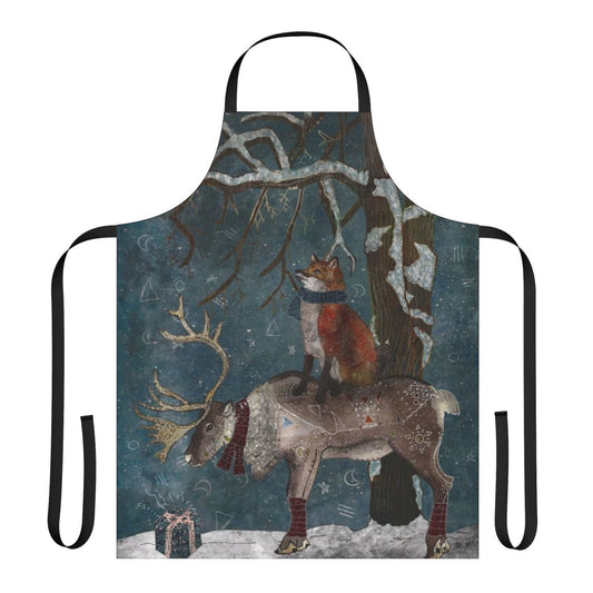 A beautifully illustrated apron featuring a winter woodland scene with a snowy forest, foxes, and reindeer.