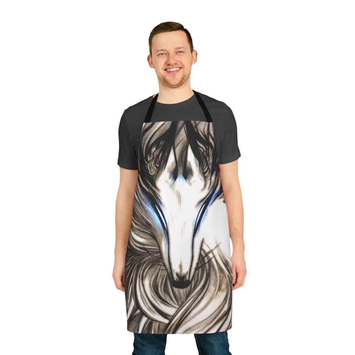 A high-quality apron featuring a majestic winter wolf design.