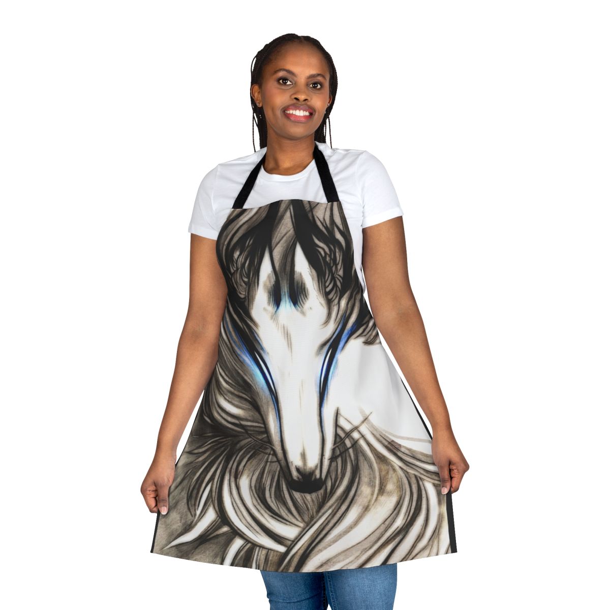A high-quality apron featuring a majestic winter wolf design.