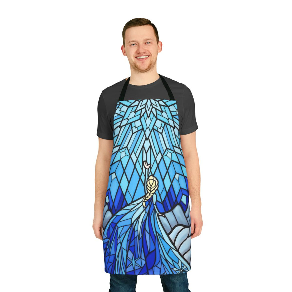 Apron featuring a scenic winter wonderland design with icy fractals in a stained glass window style