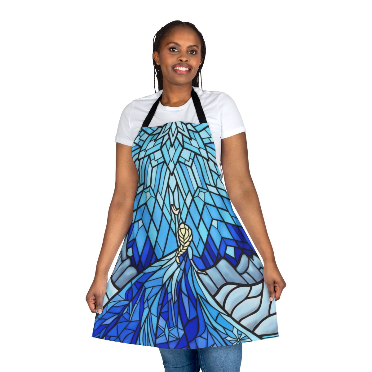 Apron featuring a scenic winter wonderland design with icy fractals in a stained glass window style