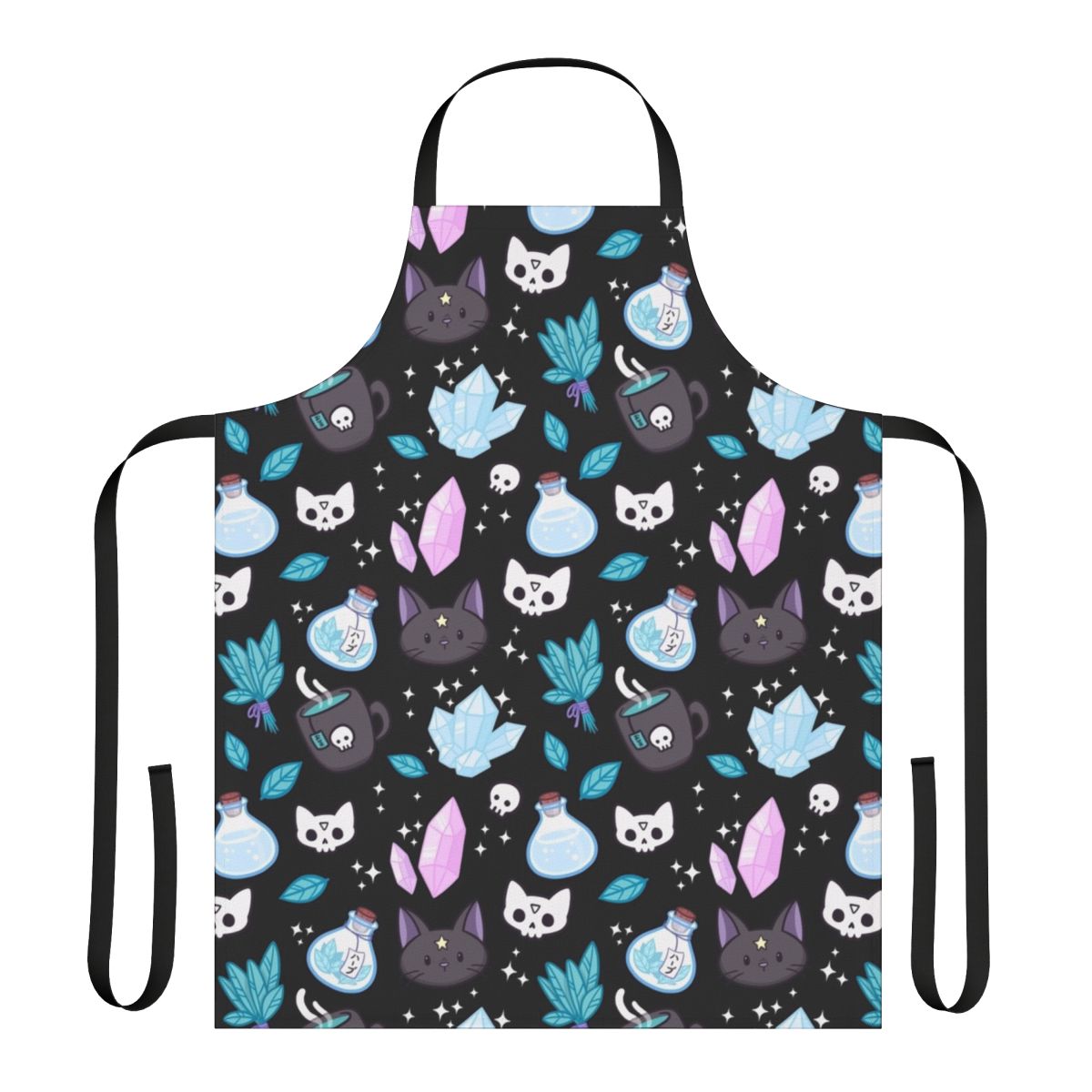 Stylish black apron featuring a whimsical cat skull and floral pattern, perfect for the modern witch or pagan