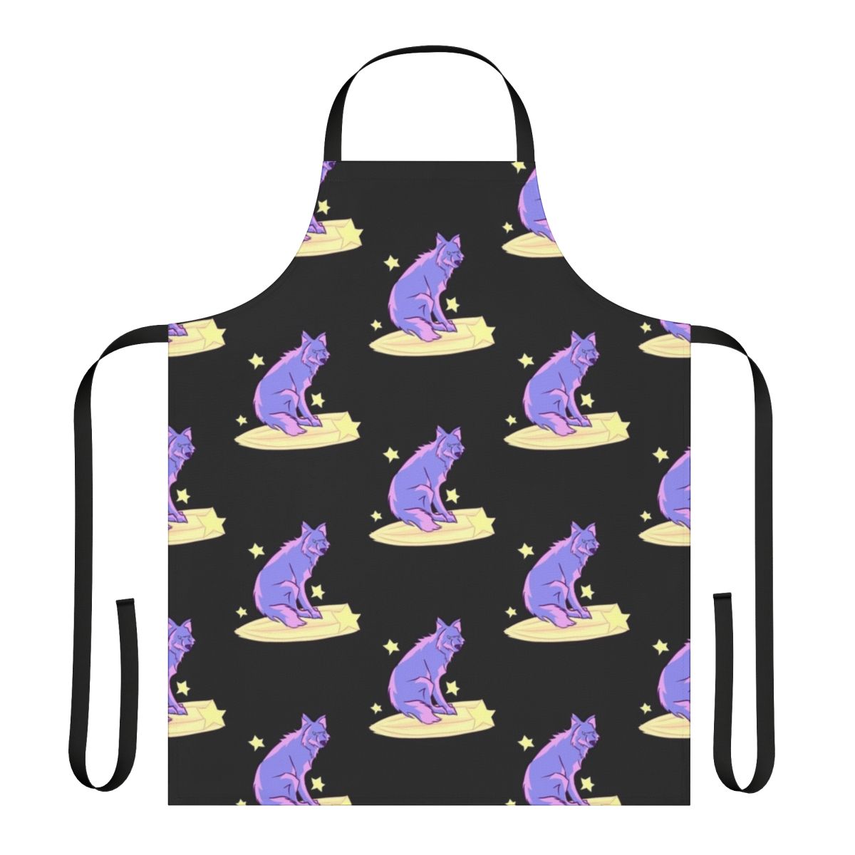 An apron featuring a majestic wolf soaring through the night sky, surrounded by twinkling stars.