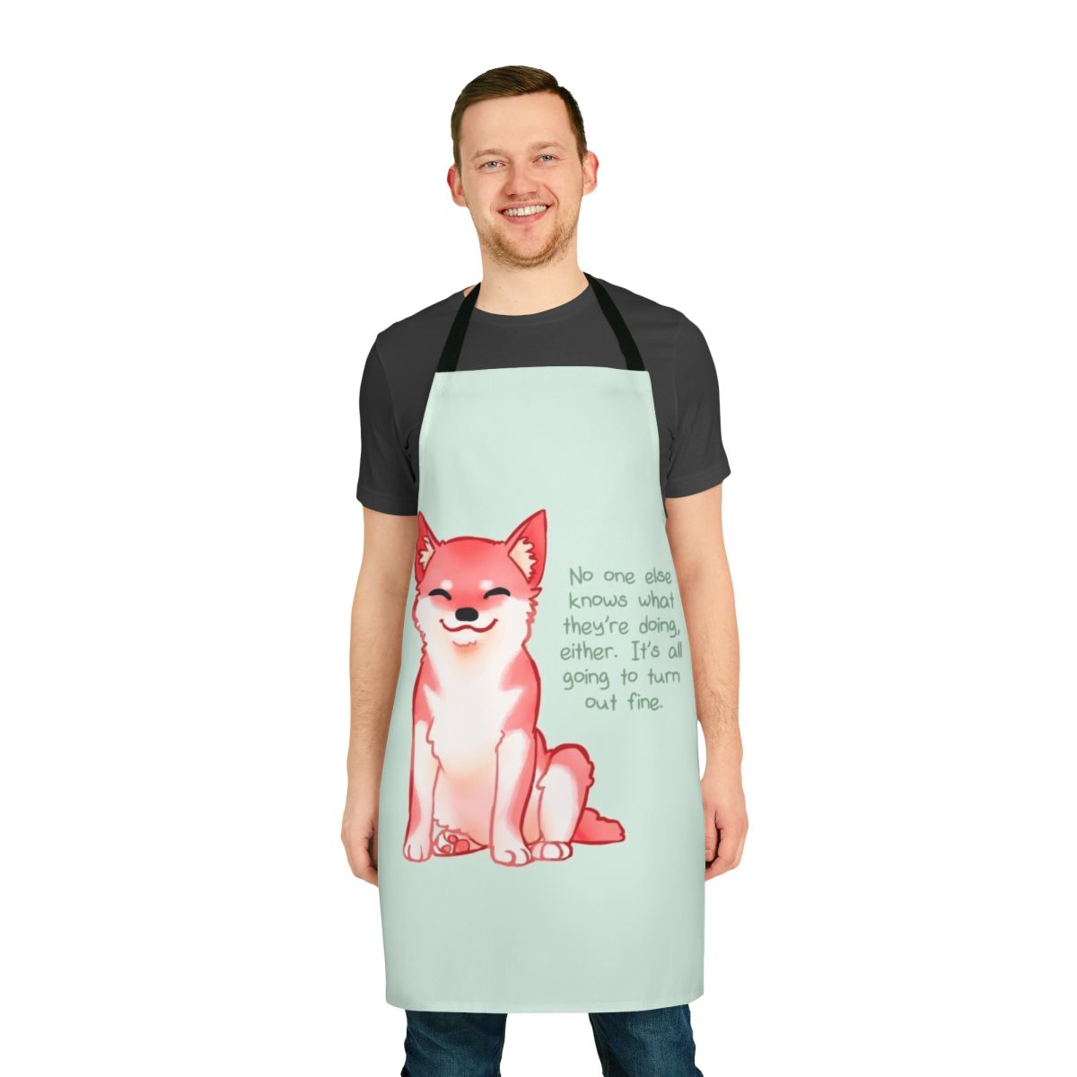 Shiba Inu dog breed wearing an apron with a positive message