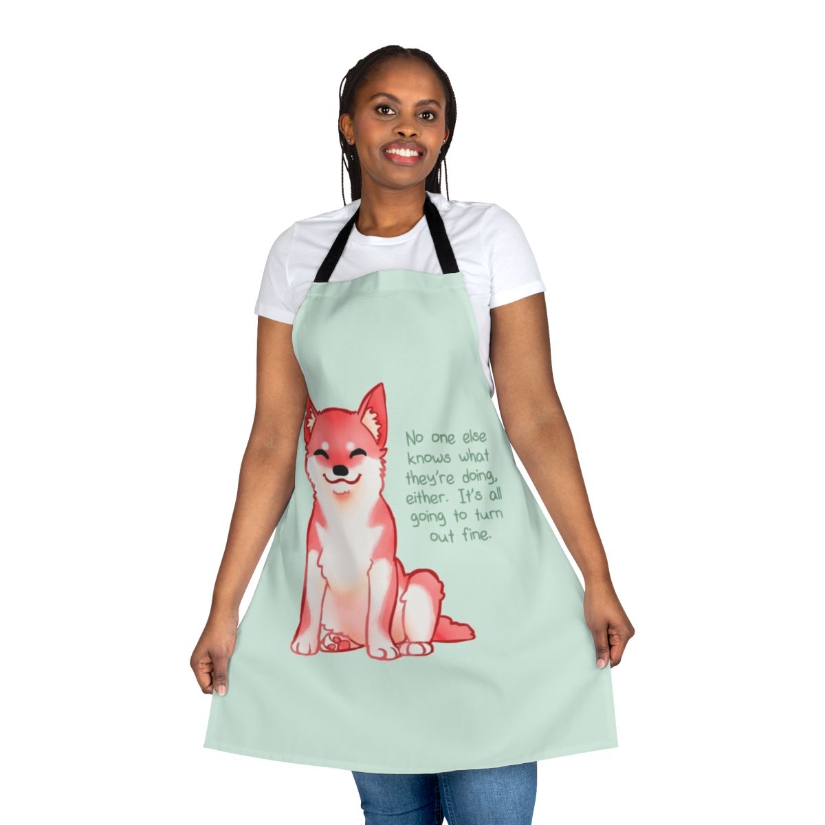 Shiba Inu dog breed wearing an apron with a positive message