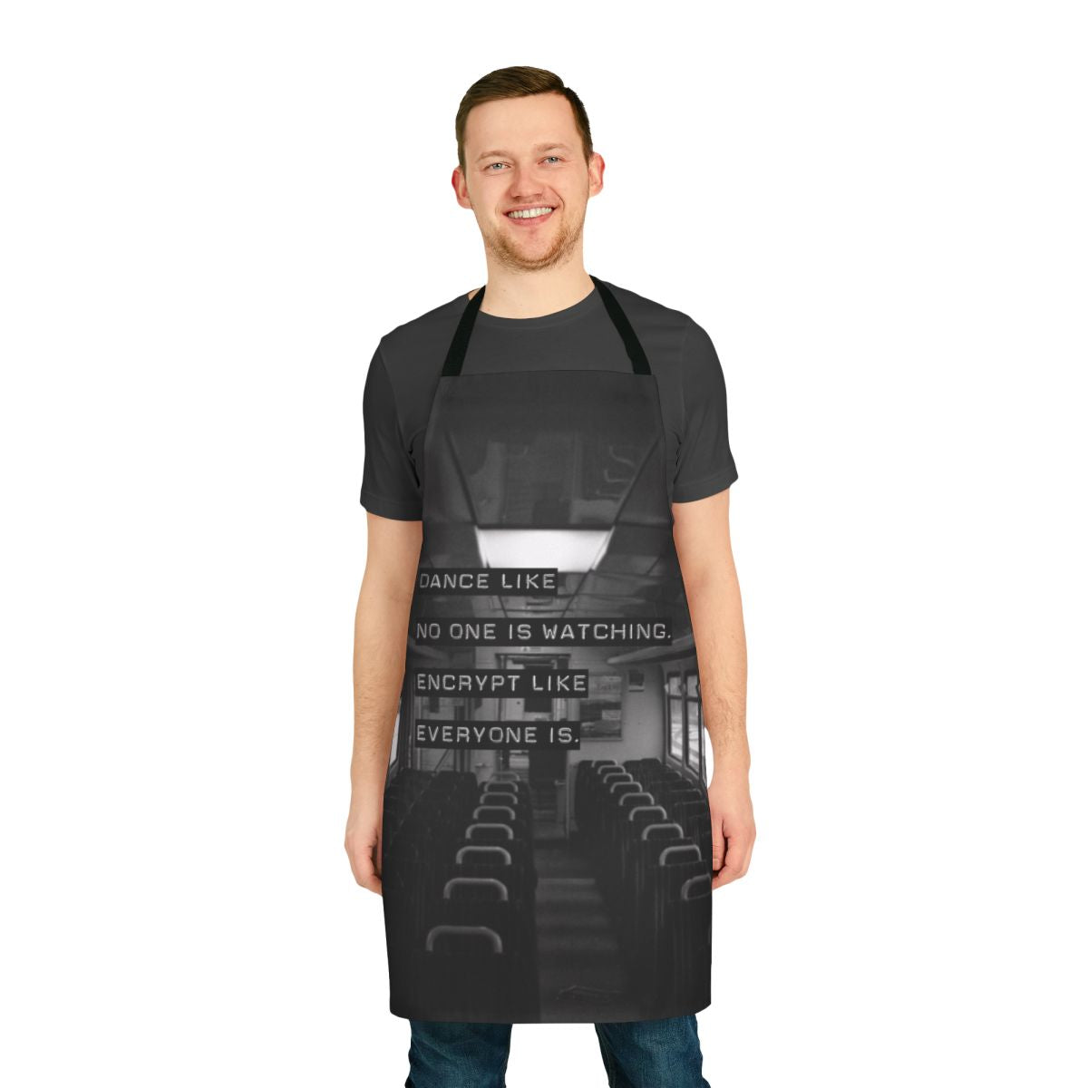 Apron with the text "Encrypt Like Everyone Is Watching" in black and white on a grey background