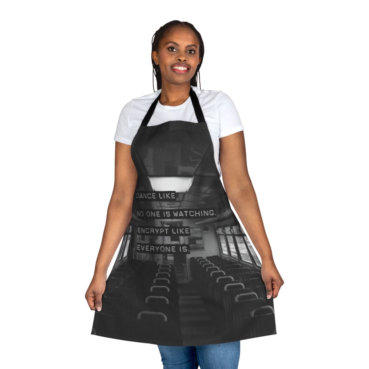 Apron with the text "Encrypt Like Everyone Is Watching" in black and white on a grey background