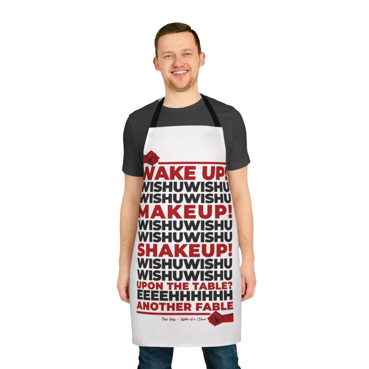 "Wake Up Chop Suey" Apron featuring a bold graphic design inspired by the iconic metal song