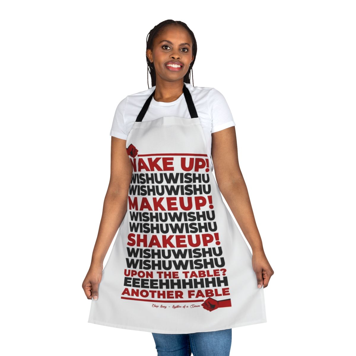 "Wake Up Chop Suey" Apron featuring a bold graphic design inspired by the iconic metal song