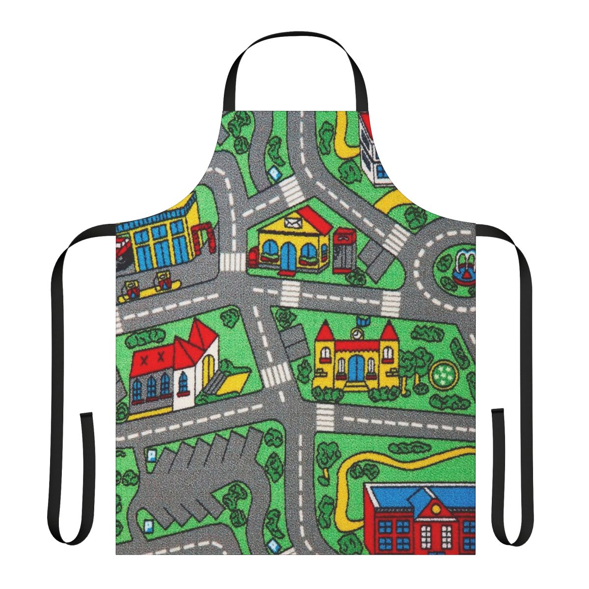 A colorful and engaging children's playmat with a car racing track design