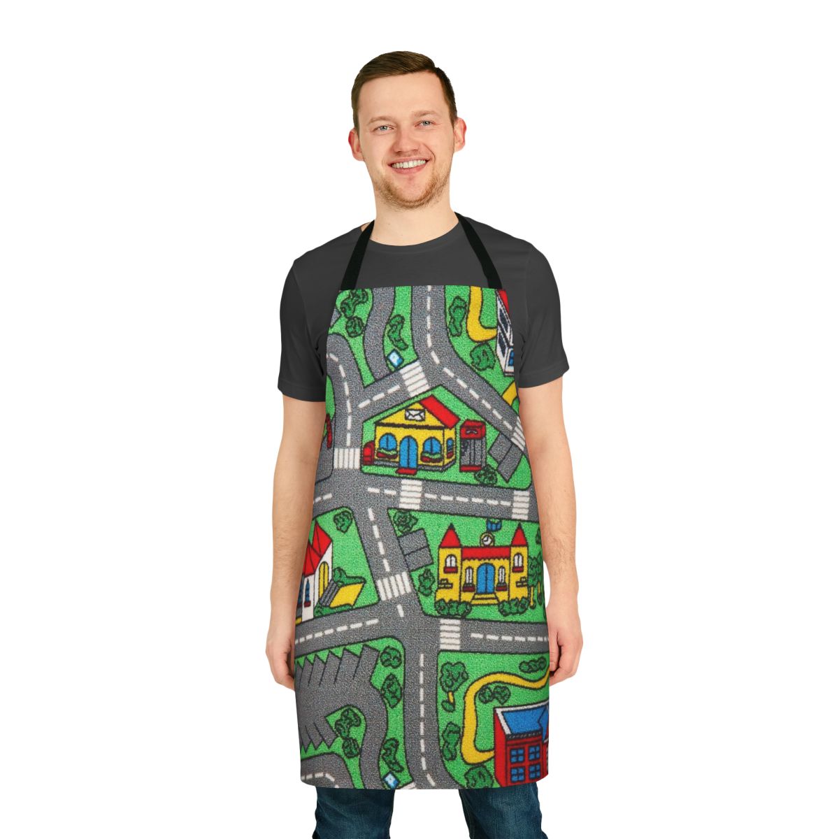 A colorful and engaging children's playmat with a car racing track design