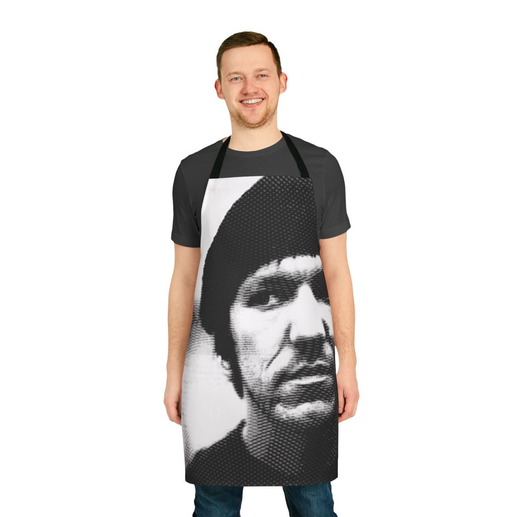 Black and white engraved Elliott Smith tribute apron