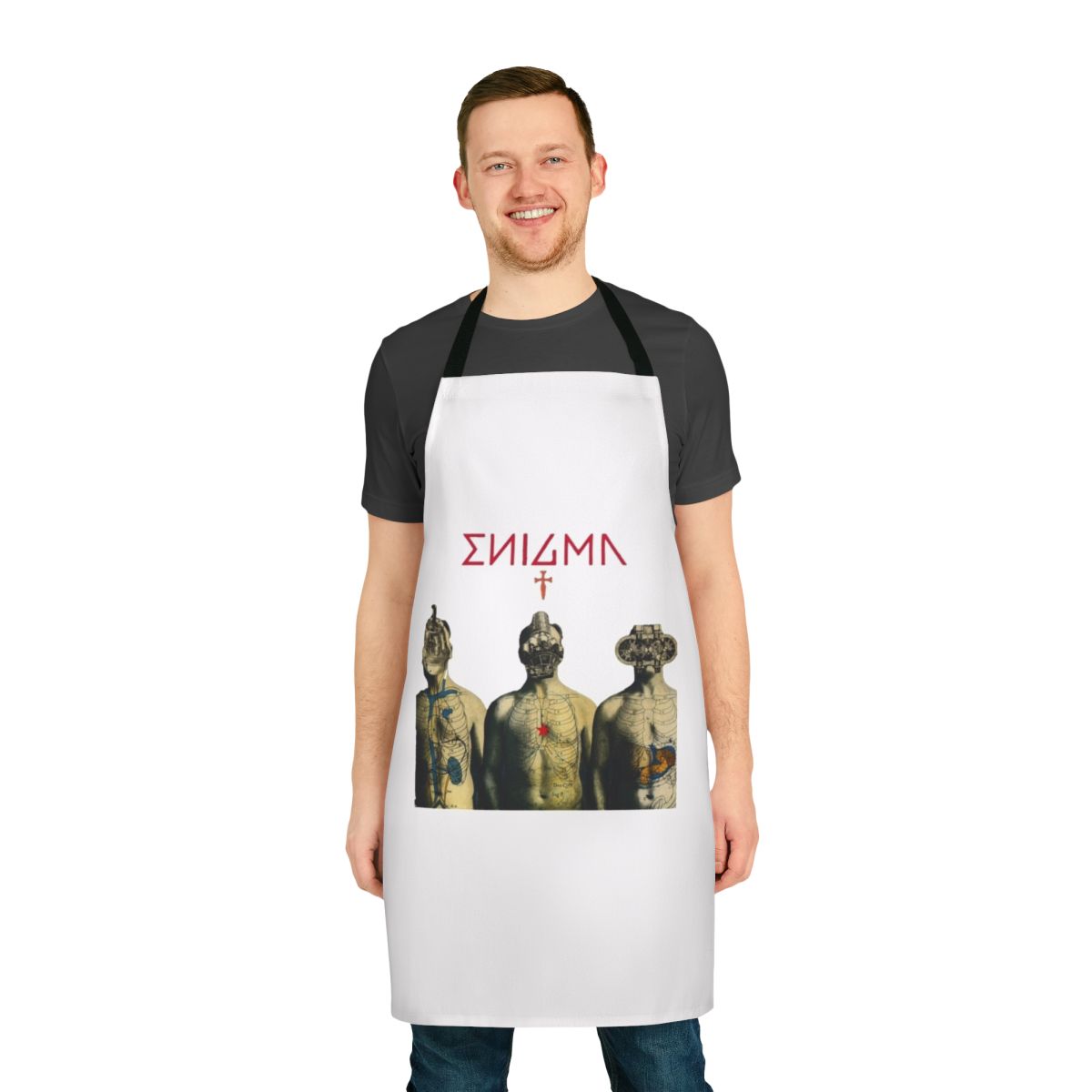 Enigma-inspired apron with "TNT for the Brain" design to boost creativity and focus while cooking.