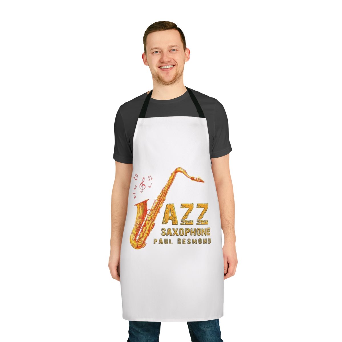 Paul Desmond inspired jazz apron with saxophone and music notes