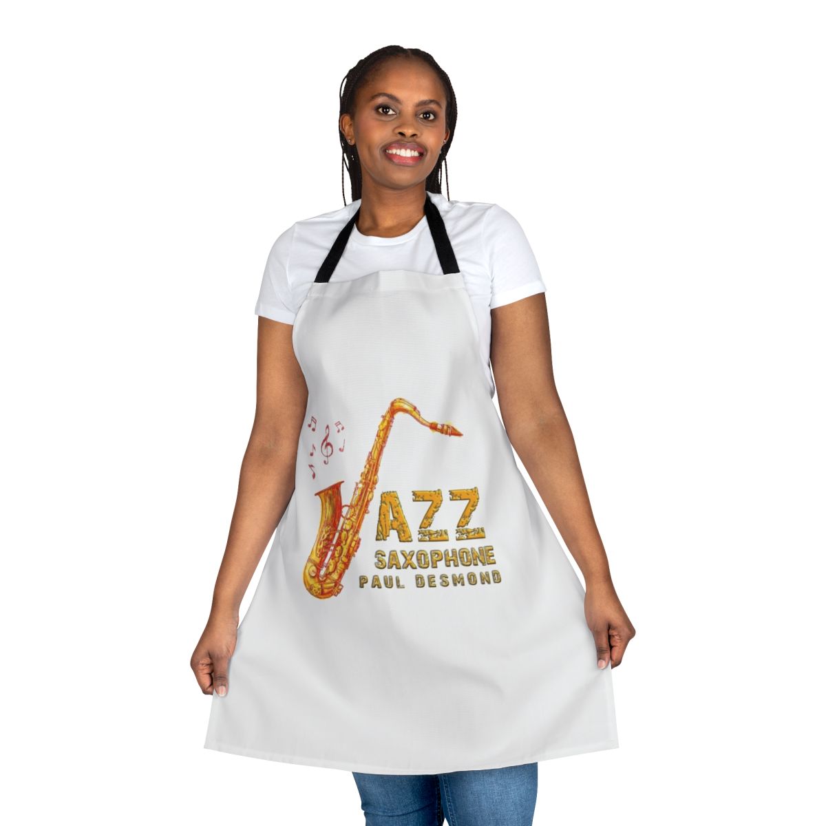 Paul Desmond inspired jazz apron with saxophone and music notes